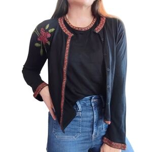 Vintage Silk Club Cardigan Set Womens Med Beaded Floral Embroidered Boho Retro